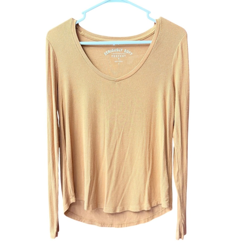 Aeropostale Top Womens Small Mustard Yellow Seriously Soft Ribbed V-Neck Casual